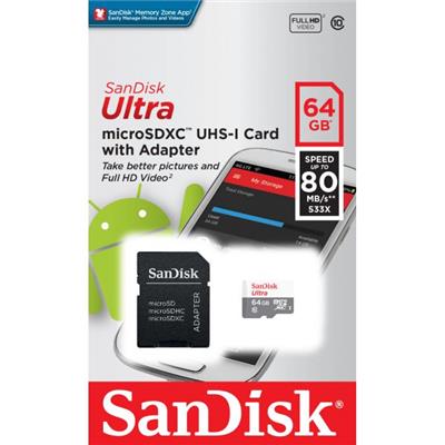 SanDisk Ultra 64GB 80MB\s Micro SDXC UHS-I Memory Card + Adaptor